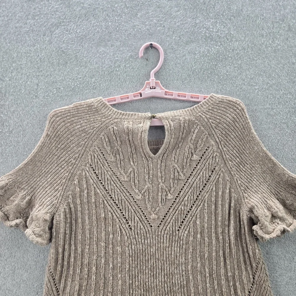 Anthropologie Women Sweater M Taupe‎ Wool Blend Pointelle Geometric Ruffle